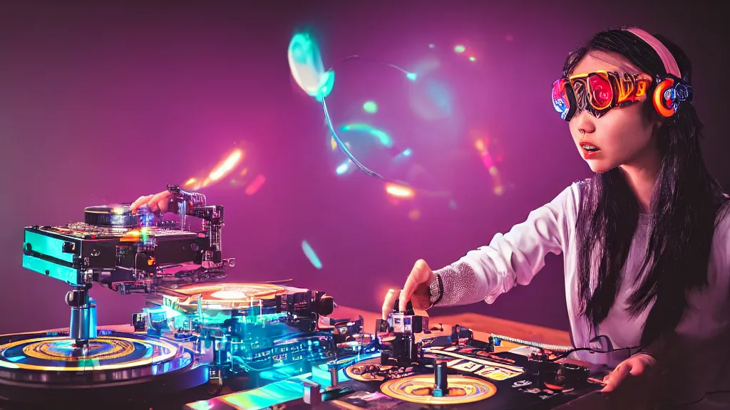 Image similar to an asian woman wearing goggles and visor and headphones using an intricate clockwork record player turntable contraption, robot arms, turntablism dj scratching, intricate planetary gears, smoky atmosphere, cinematic, sharp focus, led light strips, bokeh, iridescent, black light, fog machine, hazy, lasers, spotlights, motion blur, color