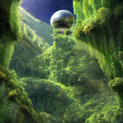 Prompt: vertical farm towers and sci - fi dome in a steep sided valley with trees, a sense of hope, high res, 4 k, stark light, edouard groult, bynde, kirill leonov