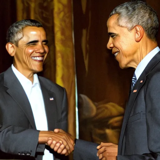 Image similar to obama shaking hand of osama bin laden, ultra realistic, canon 3 5 mm photography