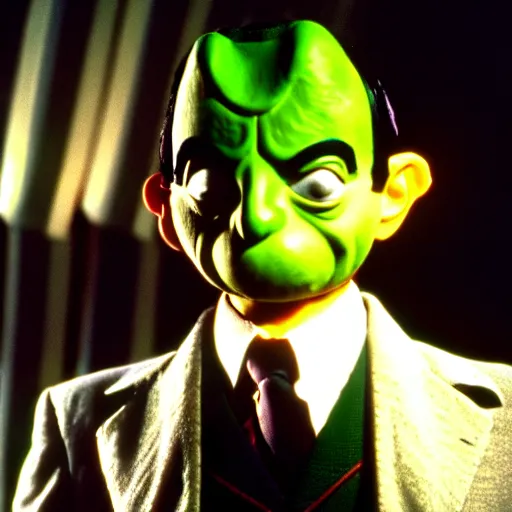 Prompt: mr. bean as the mask from the mask movie. movie still. cinematic lighting.