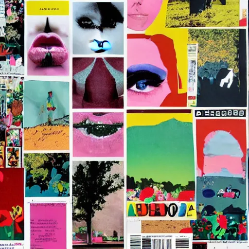 Prompt: a beautiful aesthetic!!! pop art collage! rolling arcadia landscape, made in a magazine clipping collage style, cutout, clippings of a fashion magazine, made by a depressed art student