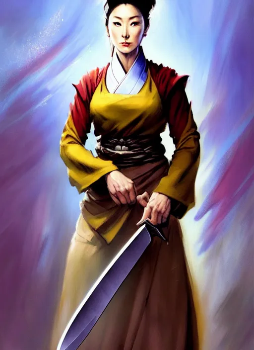 Image similar to magic : the gathering fantasy character concept art by frank frazetta and marco bucci, high resolution. a clear portrait of a stunning female south korean chef, wearing a beautiful hanbok apron, holding a kitchen knife, radiating powerful energy in the background, south korean vibes, symmetry, fantasy coloring, intricate, 8 k, digital painting, artstation, smooth, sharp focus