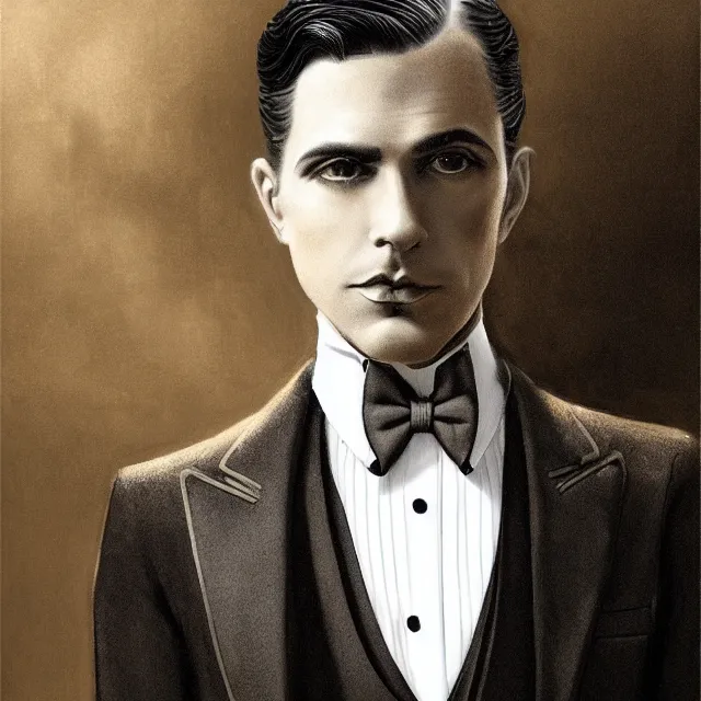 Image similar to ultrarealistic sepia portrait of a 1 9 2 0 s era male magician, well dressed, slicked - back hair, long - tailed tuxedo coat, black bow tie, atmospheric lighting, dark, brooding, painted, intricate, ultra detailed, well composed, best on artstation, cgsociety, epic, stunning, gorgeous, intricate detail, much wow, masterpiece