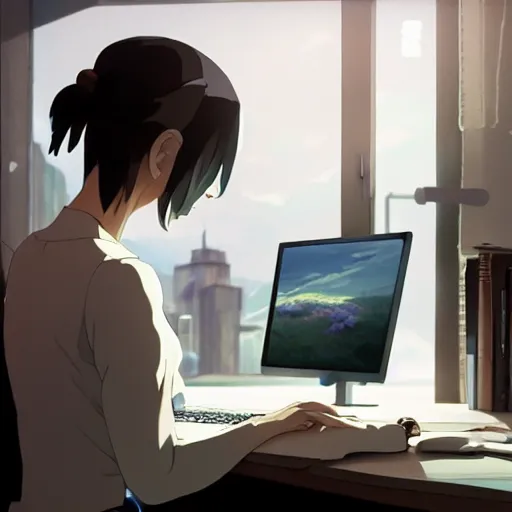 Image similar to beautiful scene render of a person sitting at a desk, looking at monitor, steaming coffee on desk, dimly lit bedroom, perfectly shaded, atmospheric lighting, style of makoto shinkai and peter mohrbacher, studio ghibli. artgerm, karol bak, beeple, animation style, 8 k hd, ultra wide angle, hyper detailed