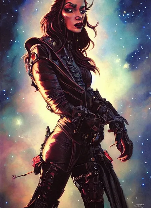 Image similar to portrait of female space pirate, night sky background, beautiful! coherent! by brom, deep color, strong line, high contrast