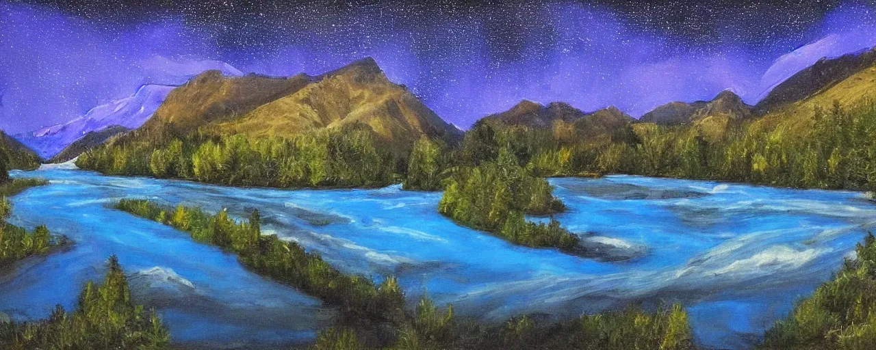 Prompt: A river in the mountains, night, blue aurora, reflections, stars, classic painting, award winning, high detail