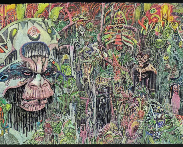 Image similar to surreal colorful nightmarish garden las pozas, mayan jaguar warrior, ink by frank miller and diego rivera, crayon and cut up, punk fanzine 1 9 6 7