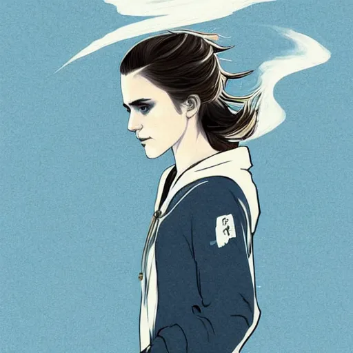 Image similar to fashion model emma watson wearing hoodie digital art by Hokusai by greg rutkowski by wlop high detail comic sharp vector lineart dramtic lighting artstation by trevor henderson by rossd raws cinematic dramatic