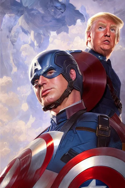 Prompt: a distant cinematic shot of Donald Trump as Captain America, D&D, fantasy, intricate, elegant, highly detailed, digital painting, artstation, concept art, matte, smooth, sharp focus, illustration, art by Artgerm and Greg Rutkowski and Alphonse Mucha, oil painting, 8k, hyper realistic