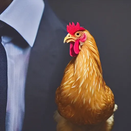 Prompt: a high detail shot of a chicken wearing a suit