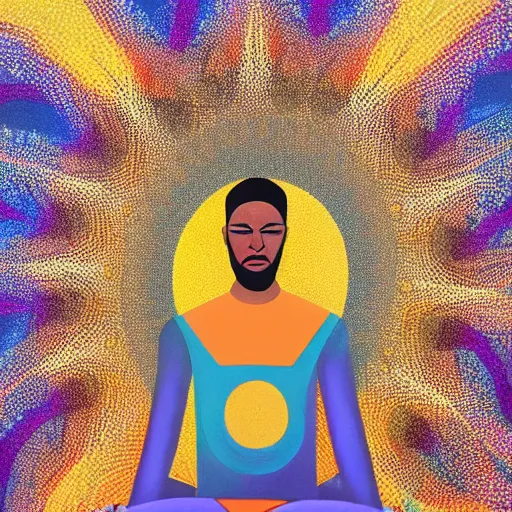 Prompt: A beautiful painting of a man with a large head, sitting in what appears to be a meditative pose. His eyes are closed and he has a serene look on his face. His body is made up of colorful geometric shapes and patterns that twist and turn in different directions. It's almost as if he's sitting in the middle of a kaleidoscope! goldenrod by Bruce Munro weary