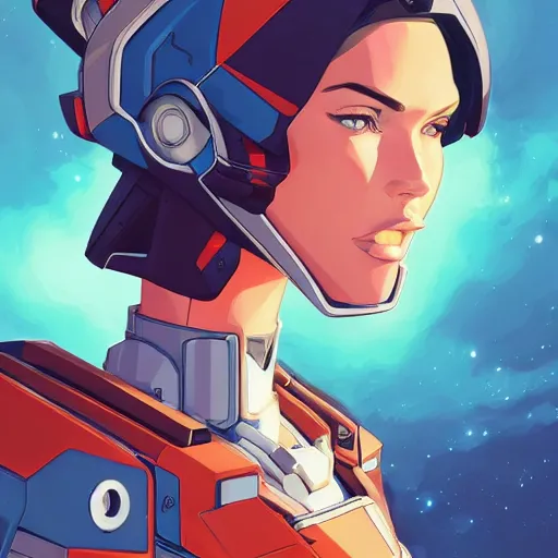 Image similar to portrait of beautiful megan fox gundam pilot, with an intricate, detailed, urban inspired hiphop afro futuristic helmet, vector behance hd jesper ejsing, rhads, makoto shinkai, lois van baarle, ilya kuvshinov, rossdraws, hd, 3 2 k, ilya kuvshinov, gustav klimt