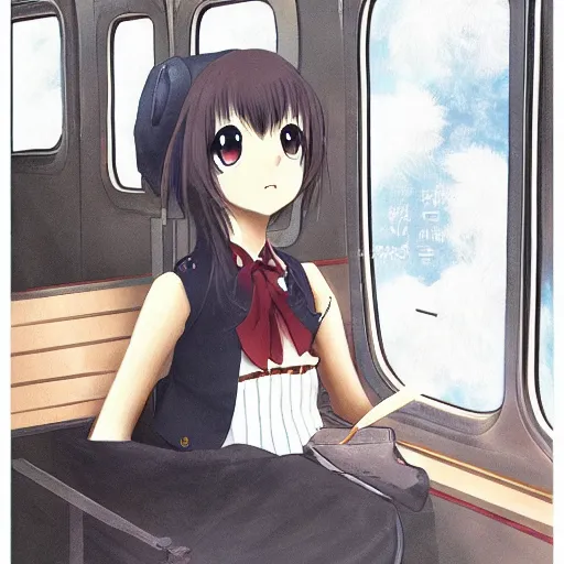 Image similar to portrait of the lone girl sitting in train carriage, anime fantasy illustration by tomoyuki yamasaki, kyoto studio, madhouse, ufotable, trending on artstation