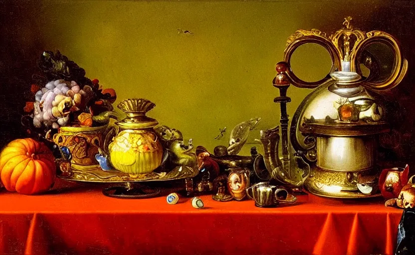 Image similar to beautiful colorful oil painting dutch golden age vanitas still life with gorgeous fututistic objects shiny transparent surfaces shiny metal insects rachel ruysch dali todd schorr very detailed perfect composition rule of thirds masterpiece chiaroscuro canon 5 0 mm, cinematic lighting, photography, retro, film, kodachrome