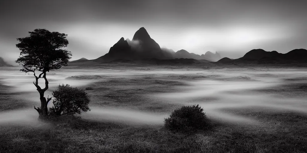 Prompt: award winning landscape photography by andy lee, lone tree in foreground with bright jagged mountains in background, morning light, long exposure dramatic lighting, clouds