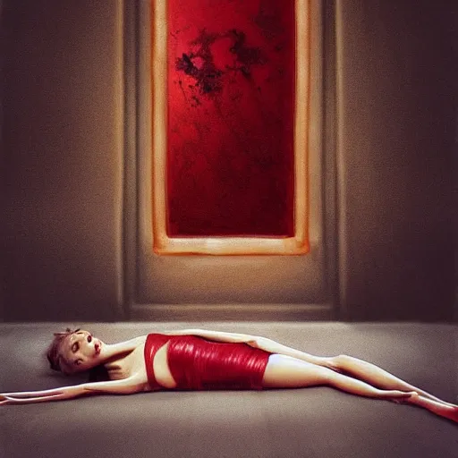 Prompt: Rachel Cook full body laying in a blood red pool of water between a golden mirror frame, outside is space and inside the mirror frame is a beautiful landscape., physically accurate, dynamic lighting, intricate, elegant, highly detailed, digital painting, artstation, HR GIGER, Hieronymus Bosch, Francis Bacon, concept art, smooth, sharp focus, illustration, art by artgerm and greg rutkowski and alphonse mucha