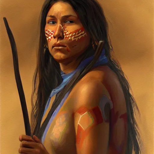 Image similar to Portrait painting of a native american female holding a spear, artstation