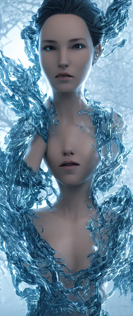 Image similar to a highly detailed digital image of an elegantly posed futuristic woman beautifully intertwined in liquid like leaves, full body shot, by Andrew Chiampo, artstation, and Frederik Heyman, extremely detailed woman, stunning volumetric lighting, hyper realism, unreal engine, fantasy 4k