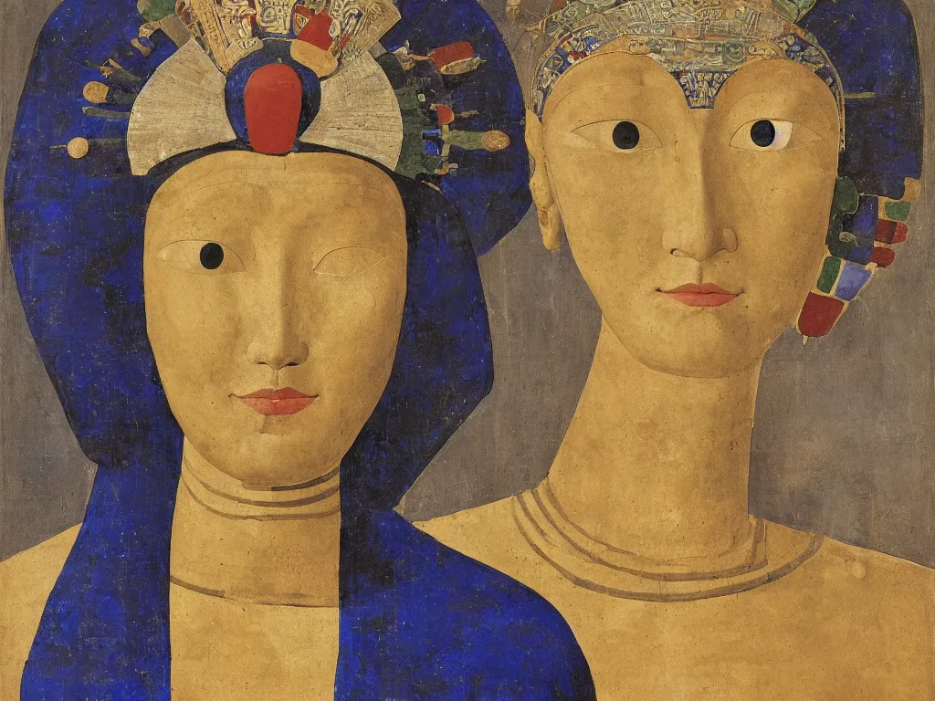 Prompt: portrait of a woman head with tibetan archaic mask. lapis lazuli, malachite, obsidian, gold. painting by piero della francesca, balthus, agnes pelton