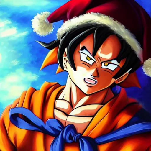 Image similar to an oil painting of a son goku wearing a christmas hat, by artgerm, hd, hdr, ue 5, ue 6, unreal engine 5, realistic anime 3 d style, cinematic 4 k wallpaper, 8 k, ultra detailed, gta 5 cover art, high resolution, artstation, award winning