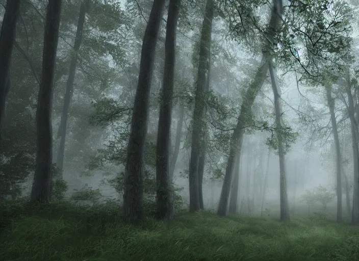 Image similar to Peaceful forest scenery, foggy, photorealistic, HD, 8k