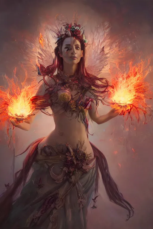 Prompt: beautiful girl necromancer, mage, witch - doctor exploding into flowers, angels, demons, 3 d render, hyper - realistic detailed portrait, holding fire and electricity, ruan jia, wlop. scifi, fantasy, magic the gathering, hyper detailed, octane render, concept art, peter mohrbacher