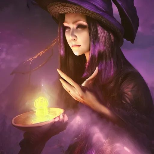Prompt: a witch from D&S conjuring a spell surrounded by violet rays and overlays, dark fantasy illustration, realistic, octane render, art by Artgerm and Peter tang,