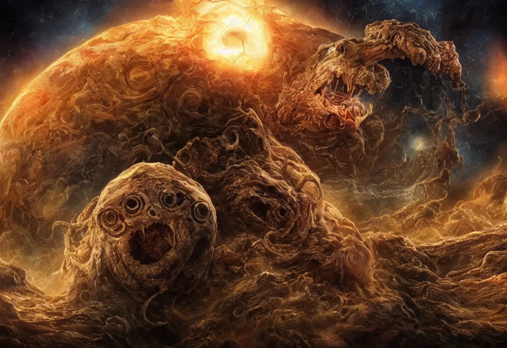 Image similar to eldritch horror bloody garfield in space, hd, 8 k, giant, epic, realistic photo, unreal engine, stars, prophecy, powerful, cinematic lighting, destroyed planet, debris, violent, sinister, ray tracing, dynamic, epic composition, dark, horrific, teeth, grotesque, monochrome drawing, hellscape, death, corpses, foreboding