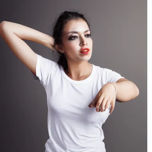 Prompt: zaftig woman wearing a white t - shirt in the pouring rain, professional model, studio lighting, 4 k, 8 k, hdr