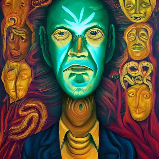 Image similar to a surreal painting of a golden faceless man during in a ayahuasca hallucination