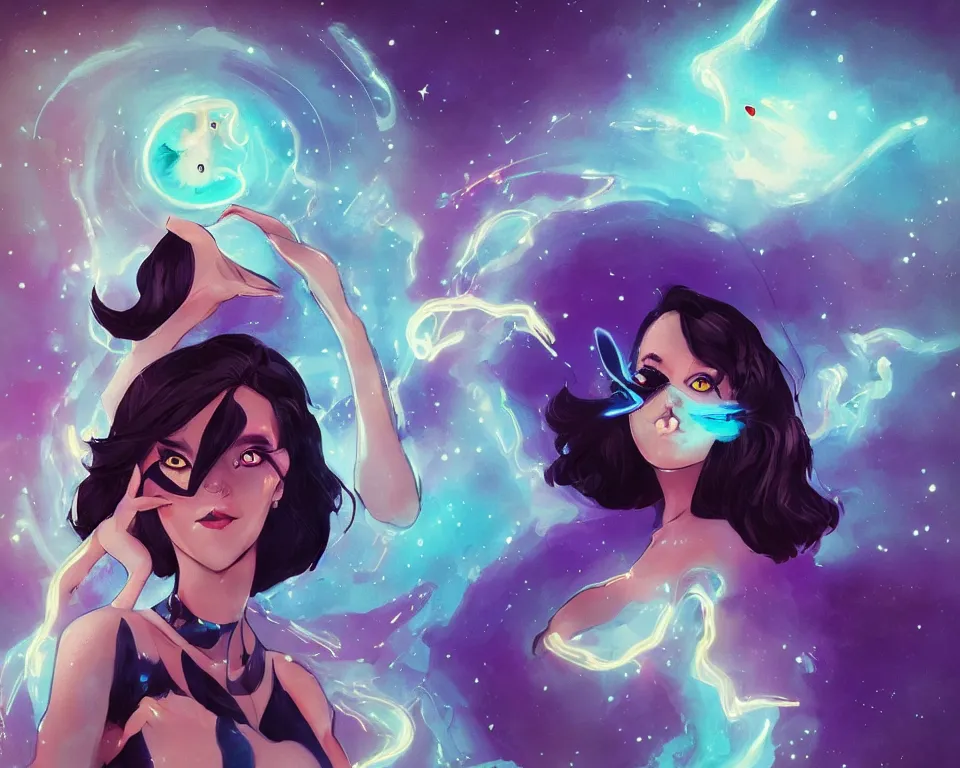 Image similar to beautiful whimsical cat woman standing in a lake in the moonlight, using magic, under a multi-colored binary blackhole with an accretion disc, glowing trails following her arms, wearing professional makeup, acidwave, by Lois van Baarle, by Greg Rutkowski, by artgerm, by beeple, by studio ghibli, cinematic angle, volumetric lighting, 4k resolution, octane render, trending on artstation, masterpiece