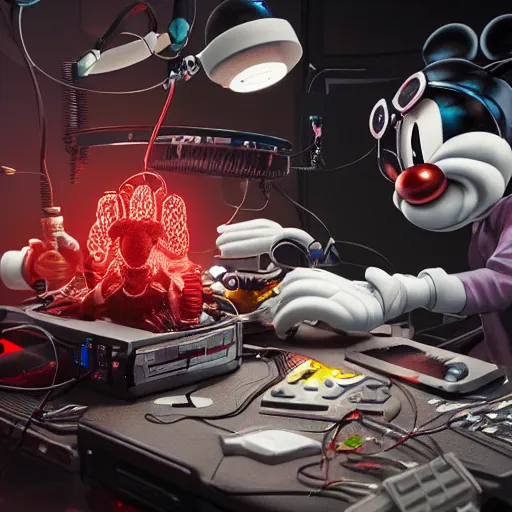 Image similar to a cybertronic mickey mouse being dissected by a group of network executives, on an operating table, octane render, cgstation, 3 d render, very detailed, mindblowing, blood and guts, gritty, cyberpunk