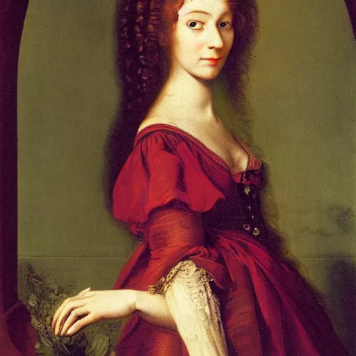 Image similar to portrait of a 40 years old women, dark red hair, green eyes, in medieval clothing, painting by Rosalba Carriera, Anton Mengs, Thomas Gainsborough, Élisabeth Vigée-Lebrun