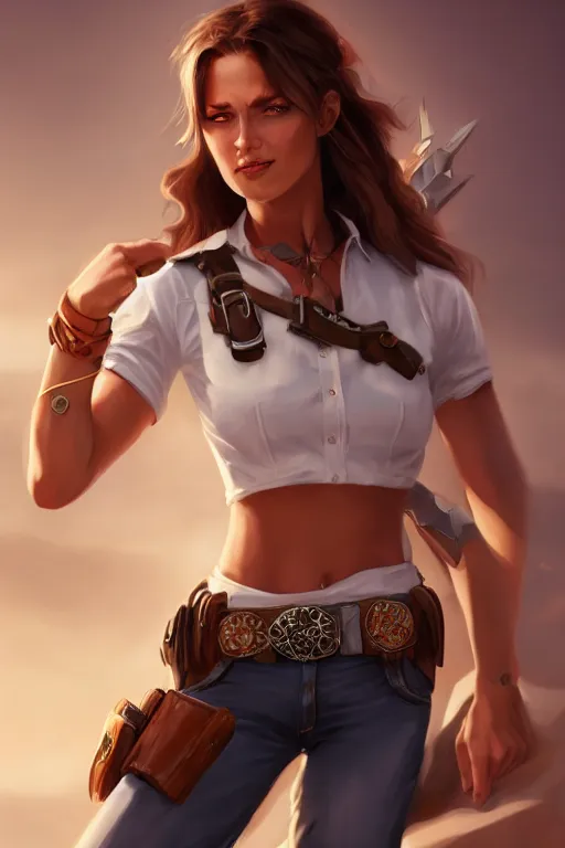 Image similar to full body, female cowgirl, perfect face, white blouse, empty gun holster, 8 k, magic the gathering, desert, d & d, artstation, high detail, smooth, muscular