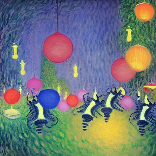 Prompt: painting of cats and caterpillars at a carnival at night watching colorful paper lanterns, in the style of claude monet and eyvind earle