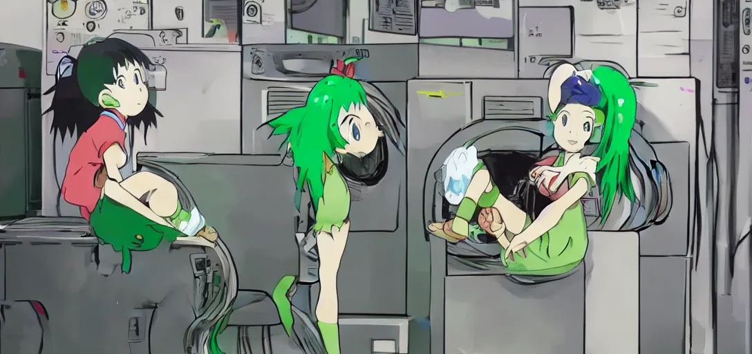 Image similar to a girl with green hair sitting on top of a washing machine inside of a laundromat by Hayao Miyazaki, anime style