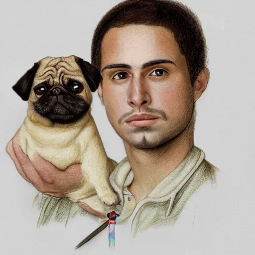 Image similar to self portrait, young white hispanic handsome man with short light brown hair and light skin and a 5 o clock shadow, holding a pug for a picture, fighting against 2 swordsmen pencil art, added detail, high definiton, colored, backfacing, illustrated by raphael