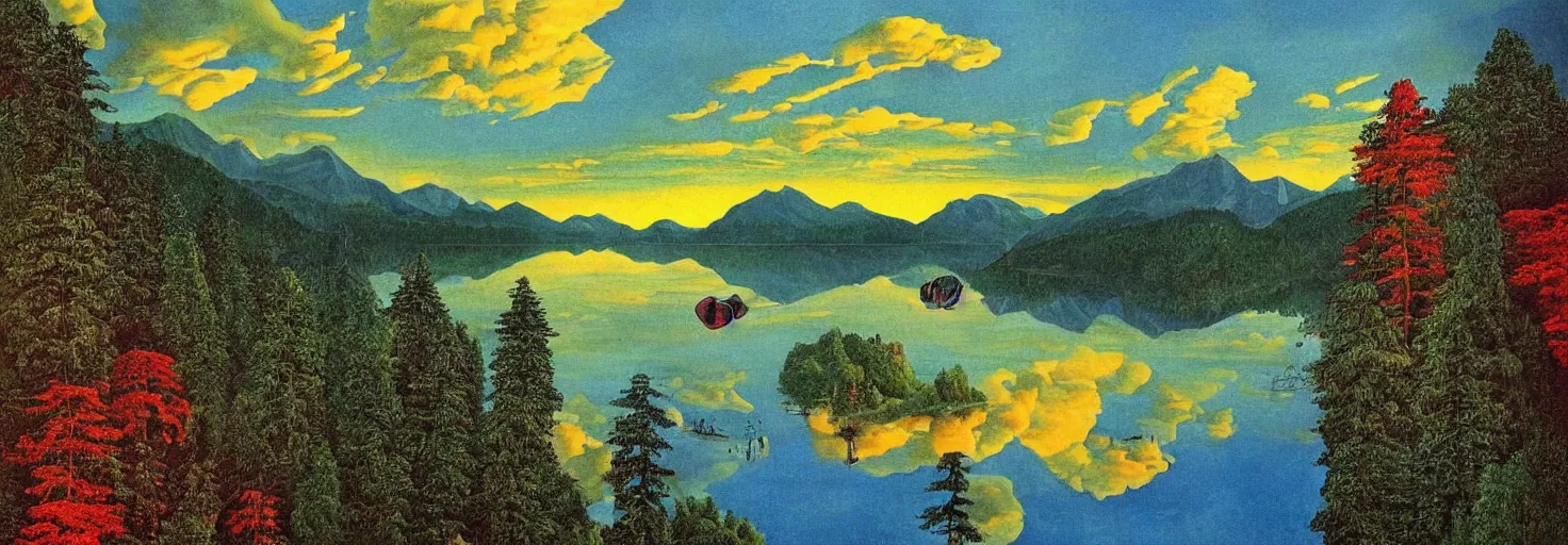 Image similar to escher painting of a lake, big trees reflecting on lake surface, mountains at background, an ufo in the air, fluffy clouds, sunset, yellow, green, red, snowy, ultra sharp, ultra detailed, happy, uplifting, colorized by salvador