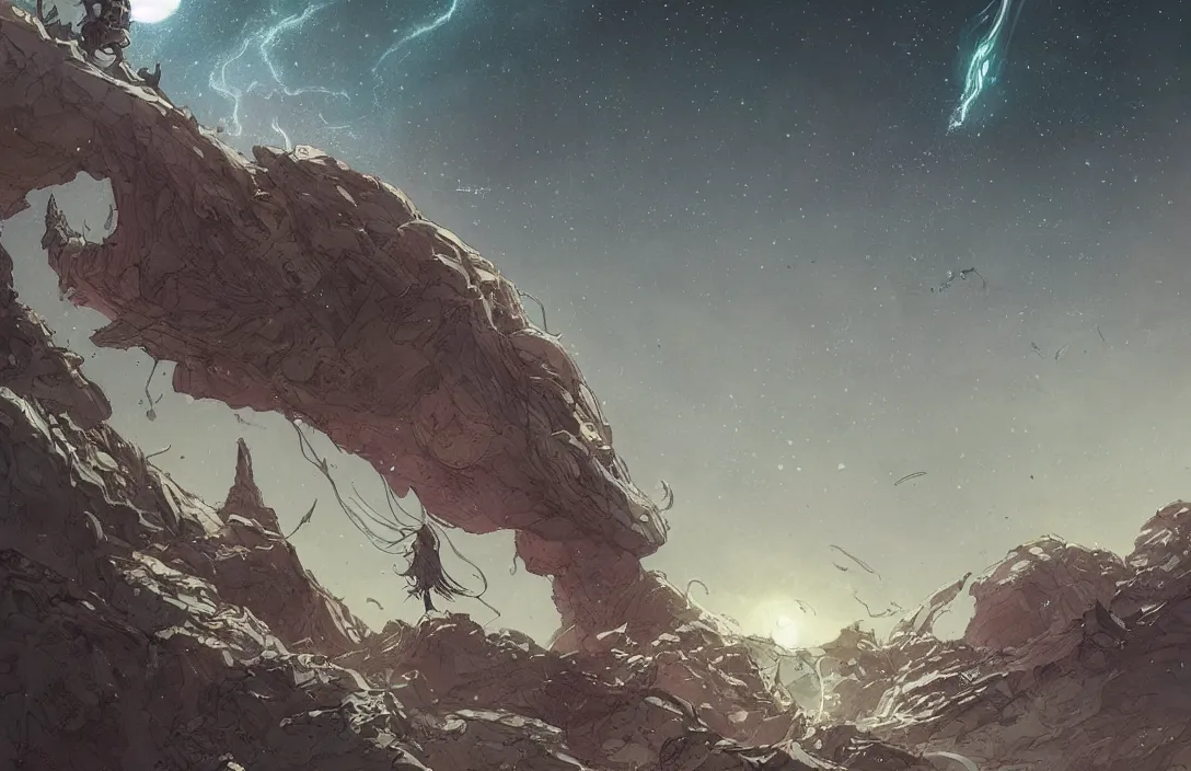 Image similar to illustrated by moebius and greg rutkowski, starry sky in background, muted colours, land of doom, magazine, cinematic, movie scene