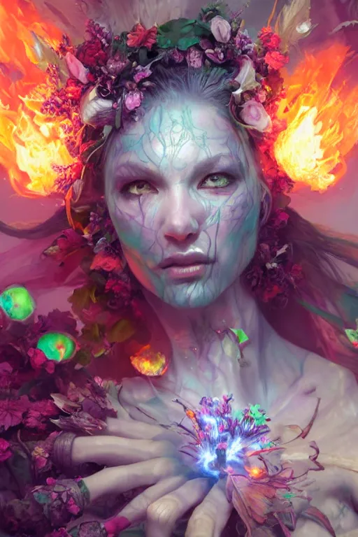 Image similar to beautiful girl necromancer, witch - doctor exploding into flowers, angels, 3 d render, hyper - realistic detailed portrait, holding fire and electricity rainbow, ruan jia, wlop. scifi, fantasy, magic the gathering, hyper detailed, octane render, concept art, peter mohrbacher