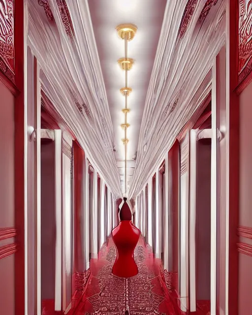 Prompt: art deco hallway, red and white plastic, ultra detail, photoreal, professionally retouched, wide angle, 8 k high definition, insanely detailed, intricate, elegant, art by artgerm and wlop