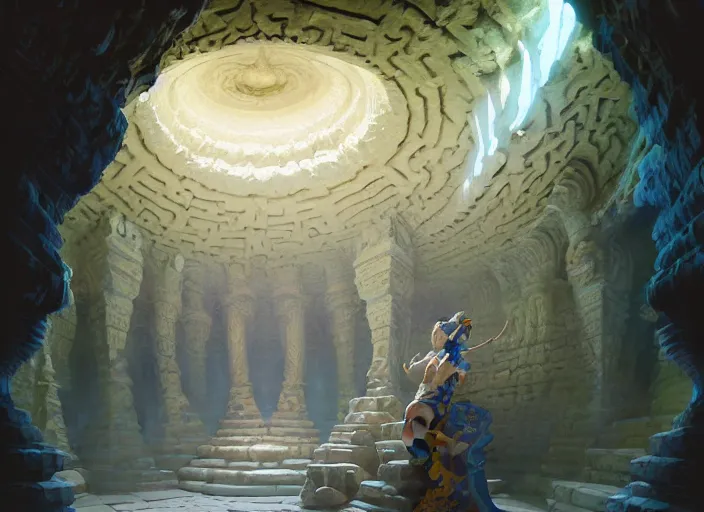 Image similar to a painting of an ancient underground dungeon temple, intricate, elegant, highly detailed, swirly magic ripples, pastel colors, digital matte painting, artstation, concept art, by greg manchess, huang guangjian, gil elvgren, sachin teng, greg rutkowski, jesper ejsing, ilya kuvshinov