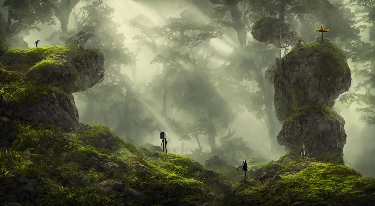 Image similar to photorealistic matte painting of mr burns of the simpsons standing far in misty overgrowth undergrowth jagged rock features volumetric fog light rays high contrast dawn