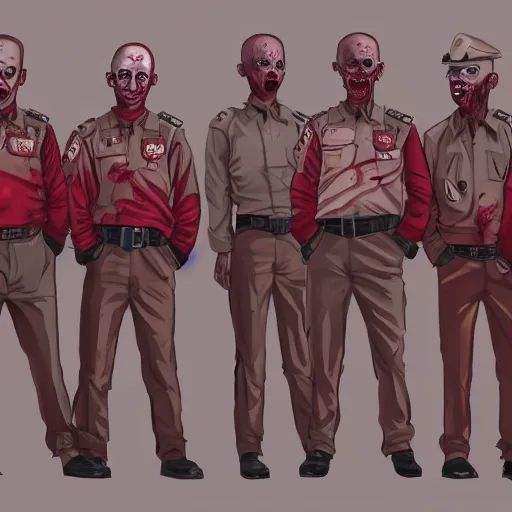 Image similar to zombie security officers with a glowing red aura in beige uniforms in a brutalist office setting trending on artstation digital painting