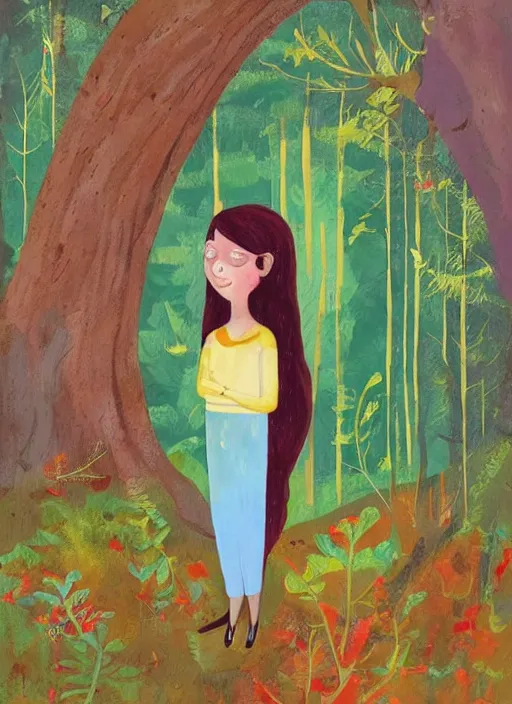 Prompt: a wonderful childrens illustration book portrait painting of a woman in the woods, art by tracie grimwood, colorful, whimsical, aesthetically pleasing and harmonious natural colors