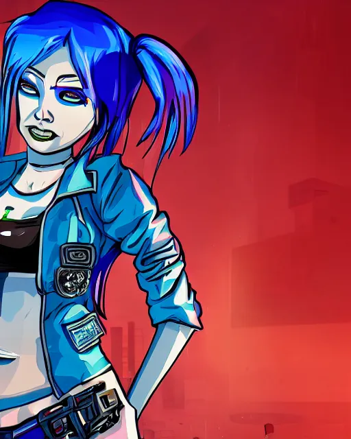 Image similar to cel shaded art of a pretty blue haired girl, jet grind radio graphics, cyberpunk city street background