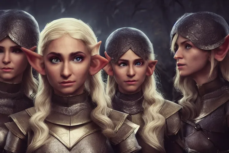 Image similar to a cinematic headshot portrait of three female elf warriors, 8 k, ultra realistic, dramatic lighting, mist