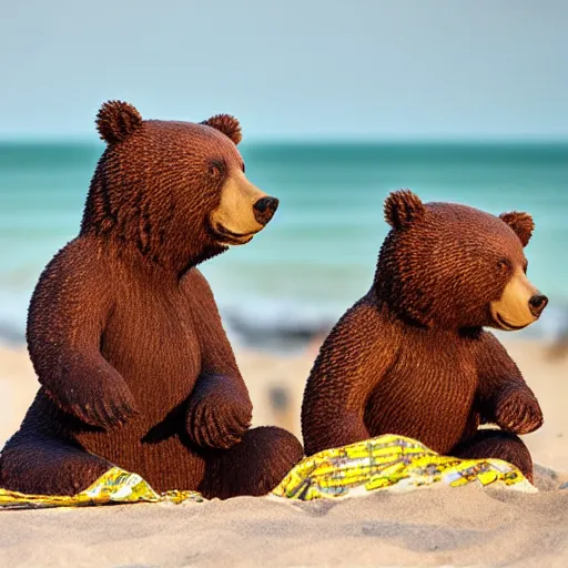 Prompt: high resolution photograph of two bears wearing summer dresses and hats on the beach.