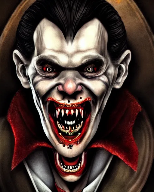 Image similar to dracula telling jokes, character portrait, close up, concept art, intricate details, highly detailed, photorealism, hyperrealism in the style of otto dix and h. r giger