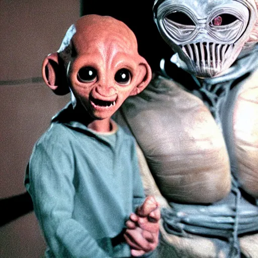 Image similar to movie still photograph of et the alien wearing hannibal lector mask and straight jacob. highly realistic. 4 k.